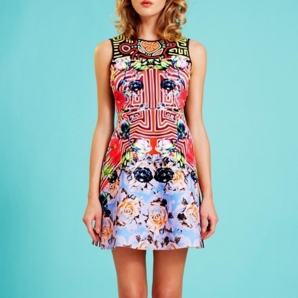 Clover Canyon Floral Maze Dress Scuba Fit and Flare Geo Multi Color Sz XS - Picture 2 of 14